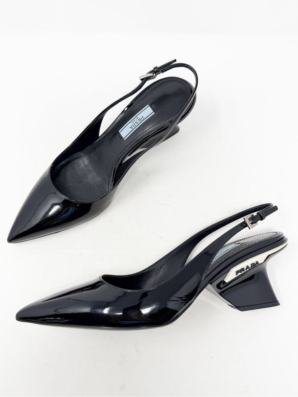 Prada Logo Pointed Toe Slingback Pumps Womens Size EU 37 Patent Leather